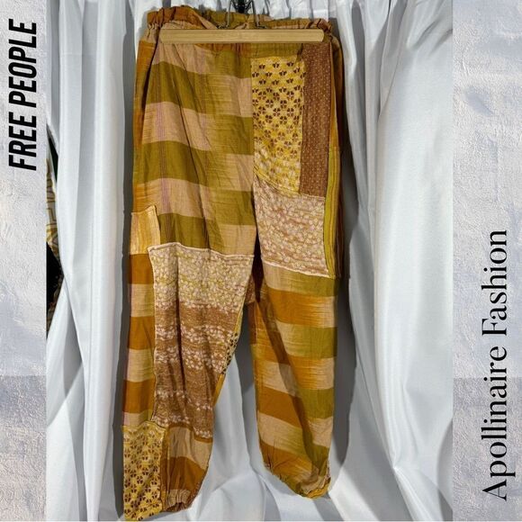FREE PEOPLE CAMILLE PATCHWORK PANTS IN GOLDEN HOUR COMBO NWT - Picture 7 of 9